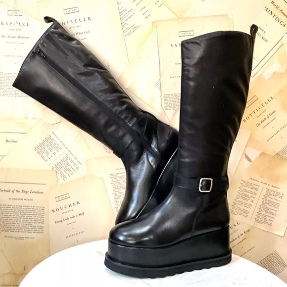 Free People Not For Riding Platform Tall Boot Black Leather Mega Wedge - Picture 4 of 13